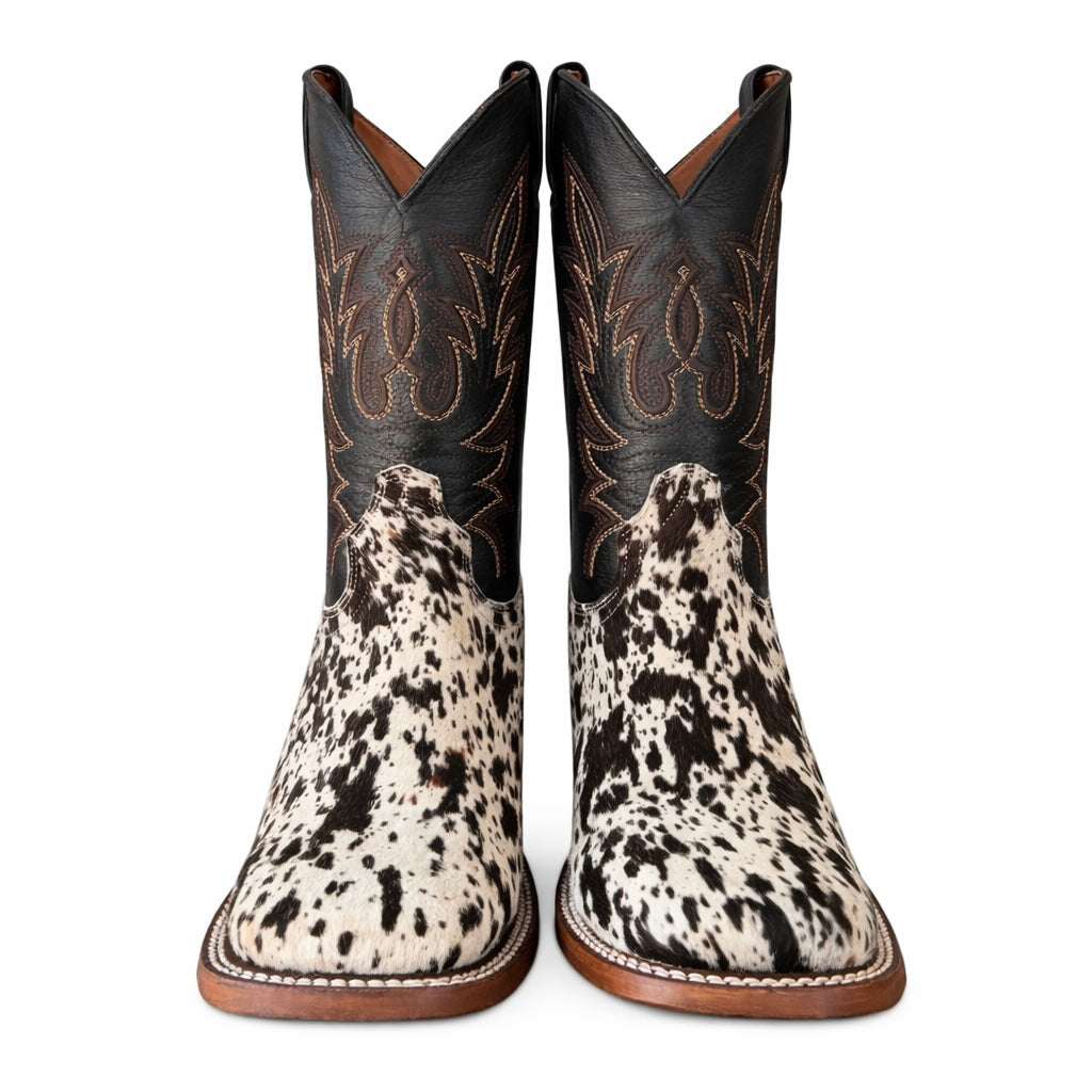 Dark Ranch White Cowhide Boots-Square Toe