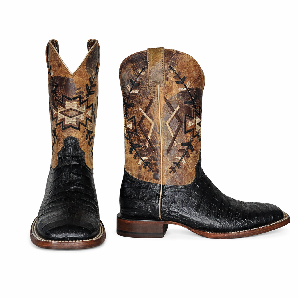 Dark Ranch Black Caiman Belly Boots-Square Toe