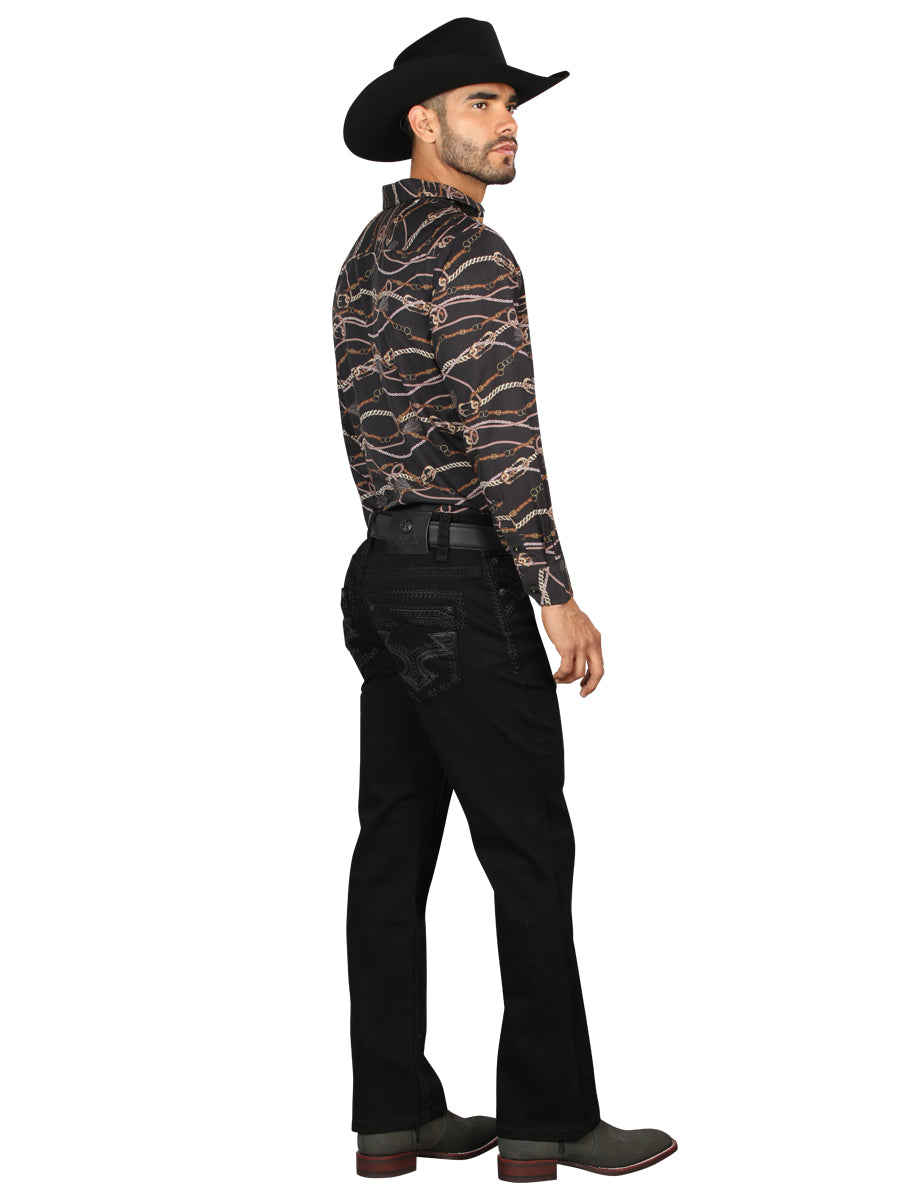 Centenario Men's Black Denim with Dark Embroidered Details 45312
