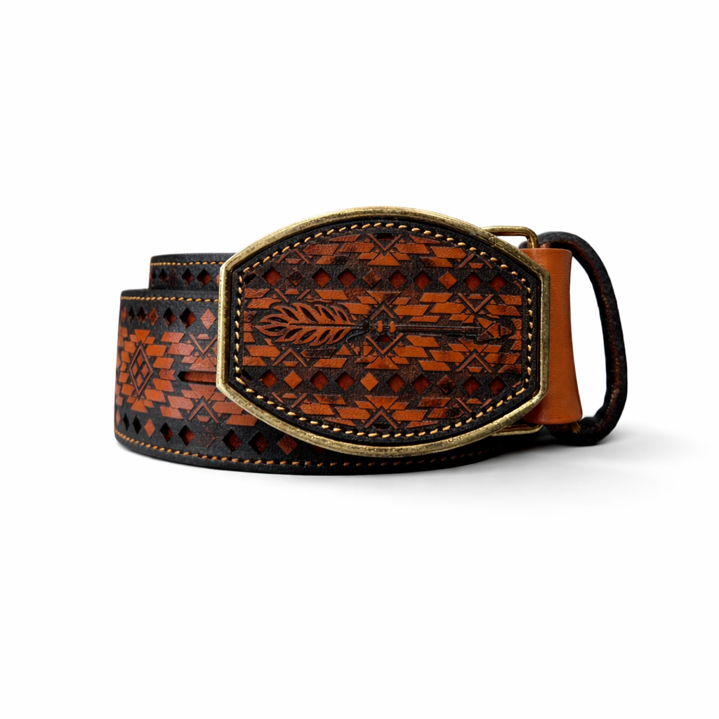 Western Leather Belt with Feather Arrow Design–Made in Mexico