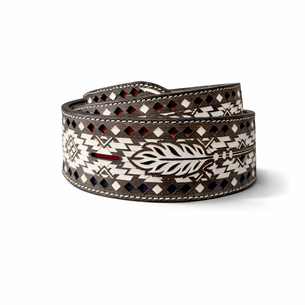 Western Leather Belt with Feather Arrow Design–Made in Mexico