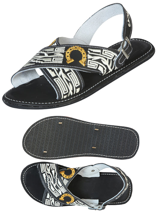 Mexican Artisanal Sandals Leather Black Horseshoe  603788