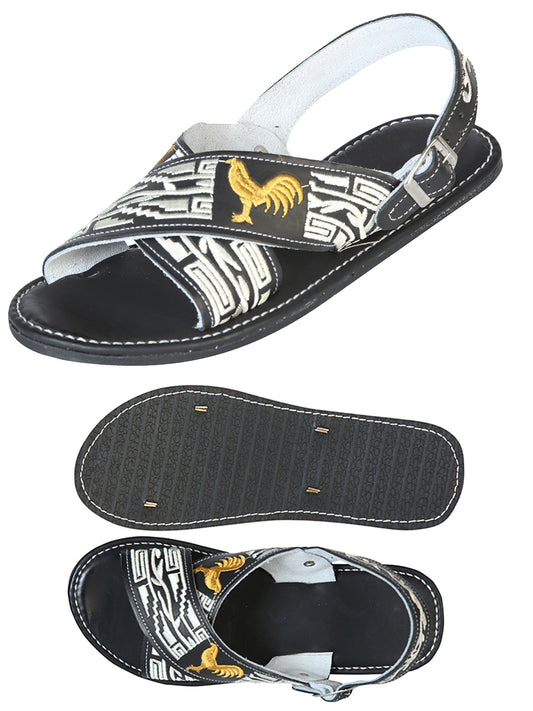 Mexican Artisanal Sandals Leather Black Rooster 603790