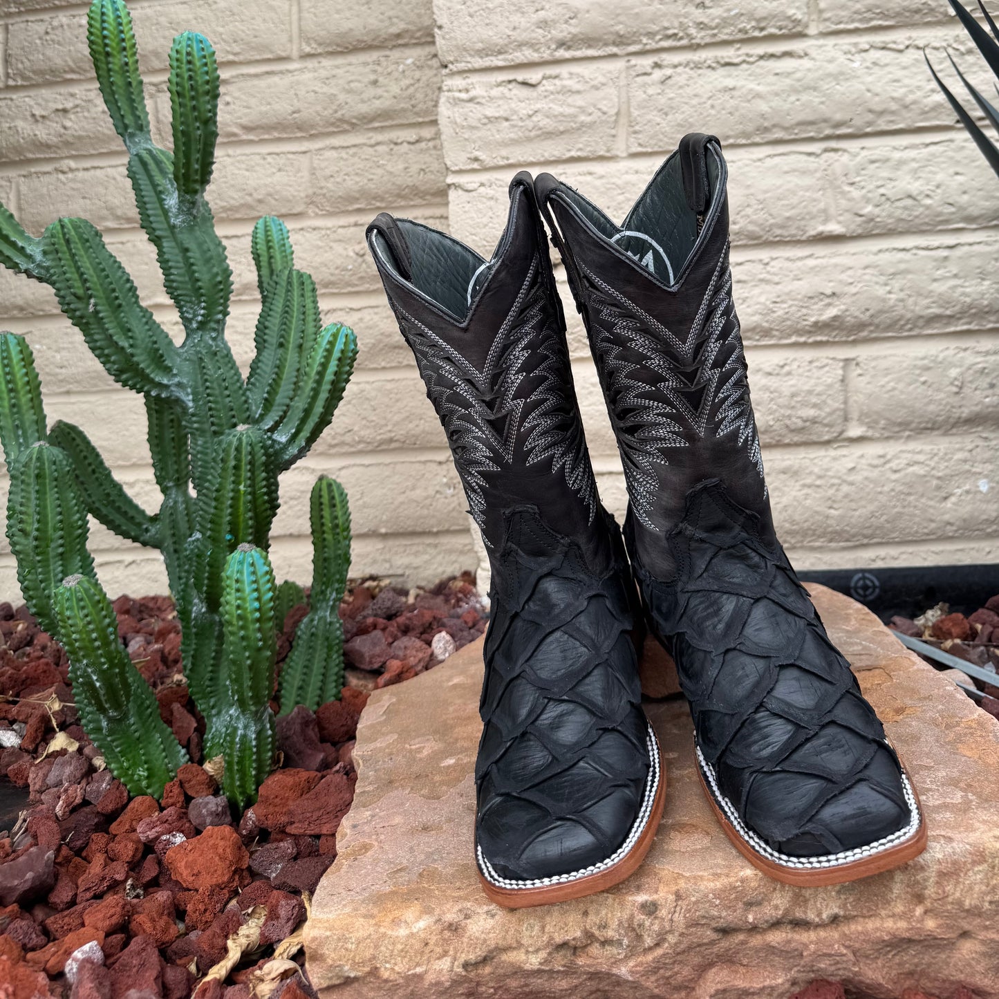 Monarch Black Rustic Pirarucu Boots-Square Toe