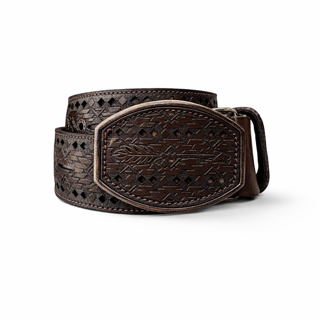 Western Leather Belt with Feather Arrow Design–Made in Mexico