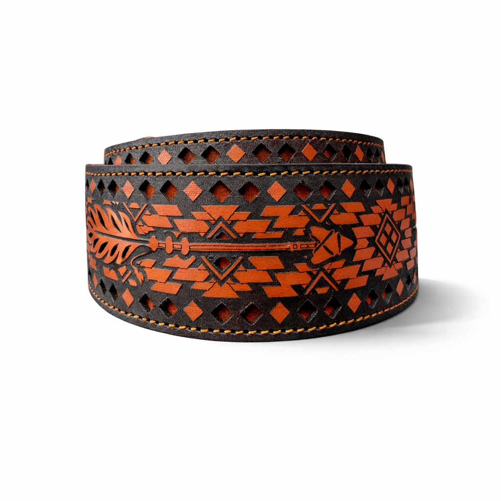 Western Leather Belt with Feather Arrow Design–Made in Mexico