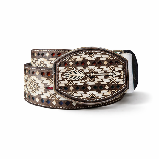 Western Leather Belt with Feather Arrow Design–Made in Mexico