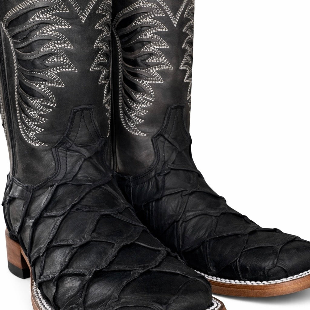 Monarch Black Rustic Pirarucu Boots-Square Toe