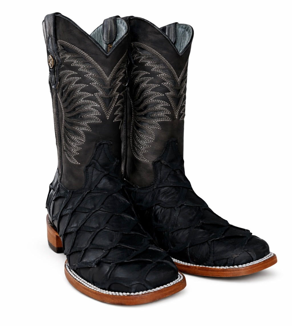 Monarch Black Rustic Pirarucu Boots-Square Toe