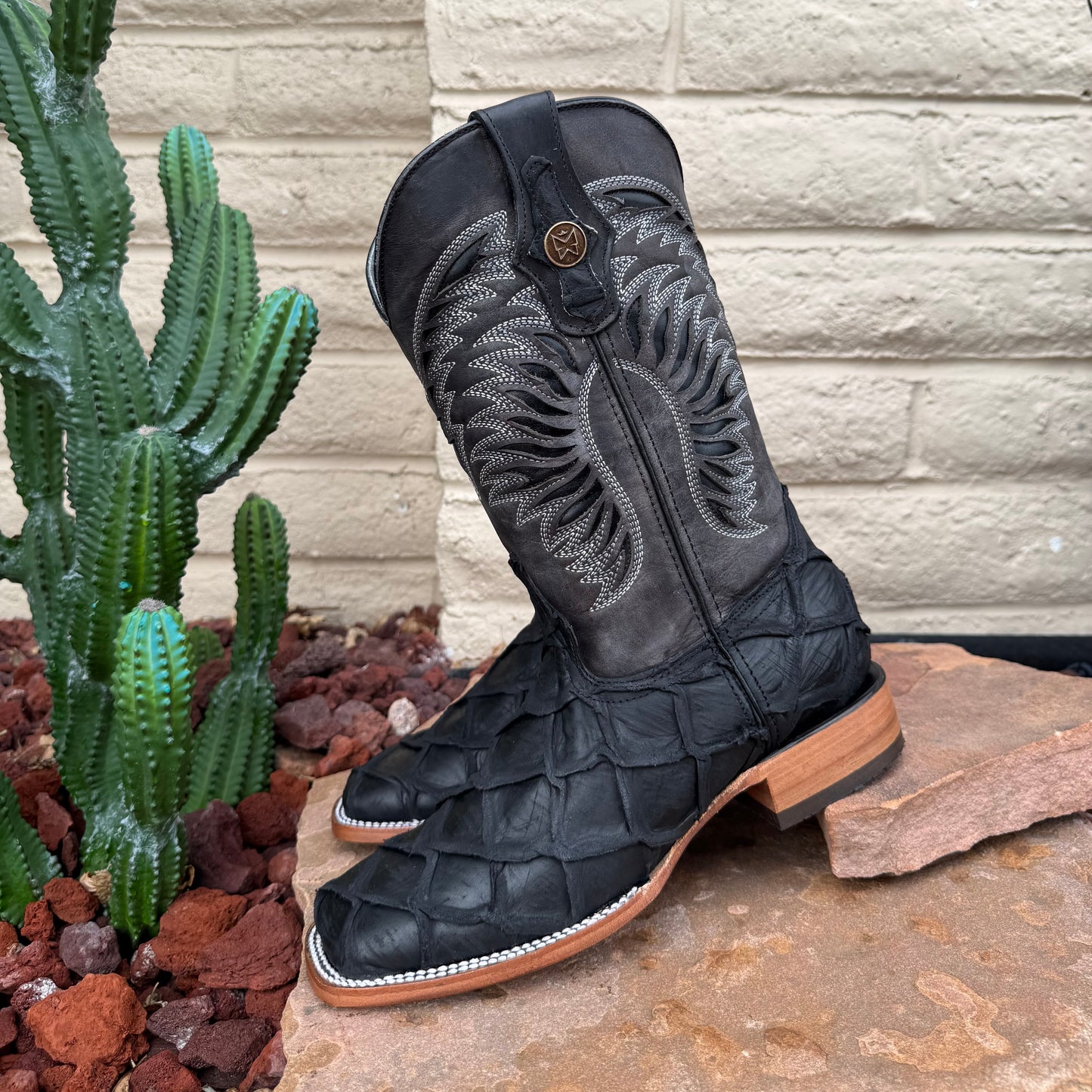 Monarch Black Rustic Pirarucu Boots-Square Toe