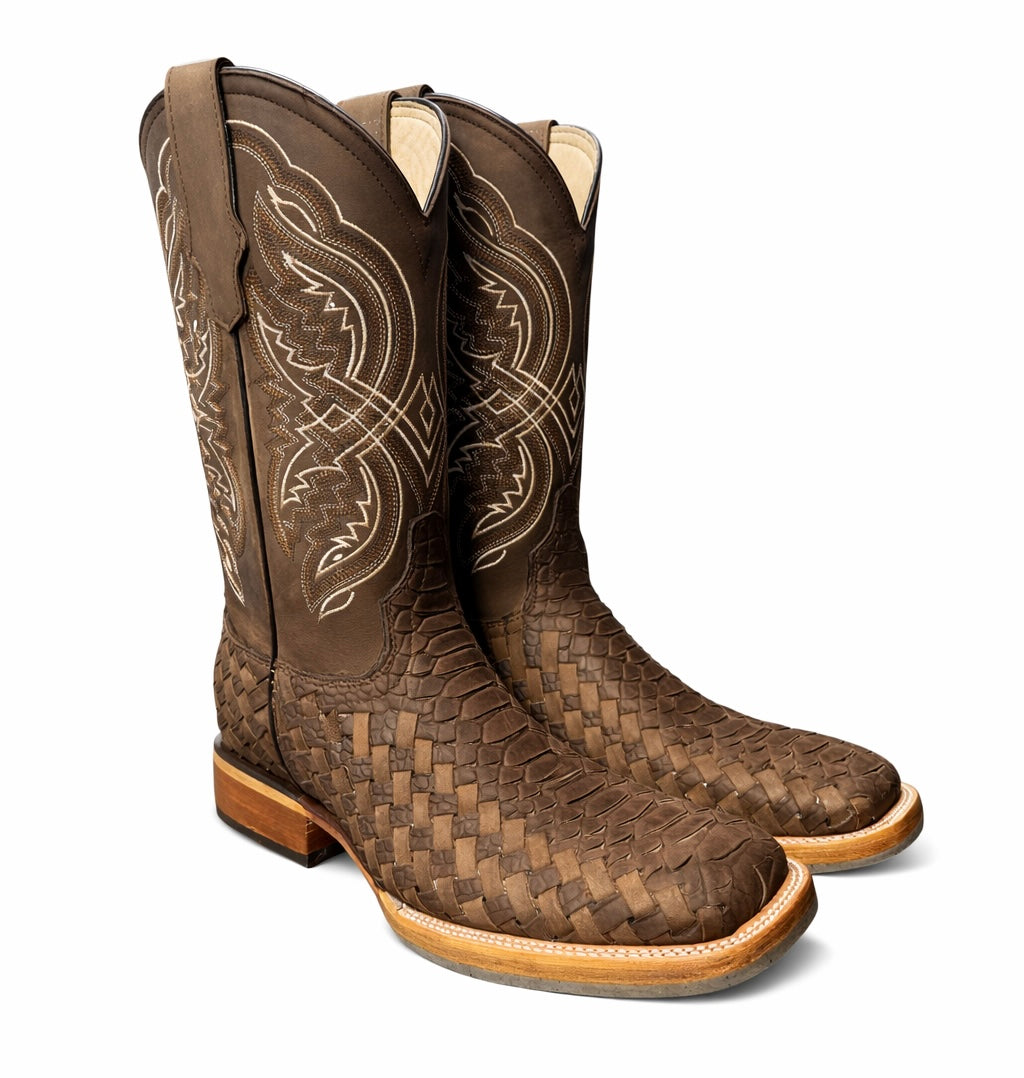 Jar Boots Brown Petatillo Basket Weave & Python-Square Toe