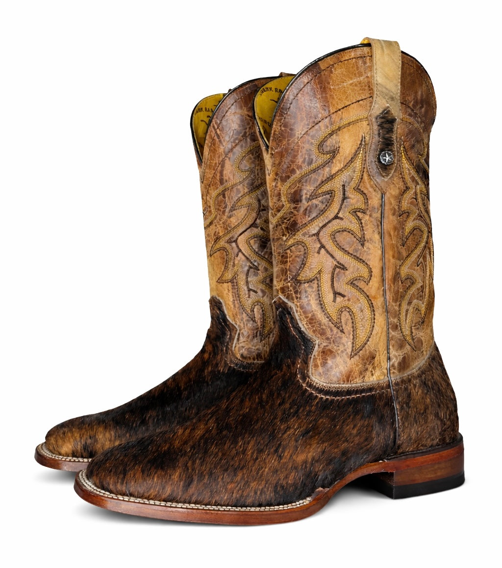 Dark Ranch Brown Cowhide Boots-Square Toe