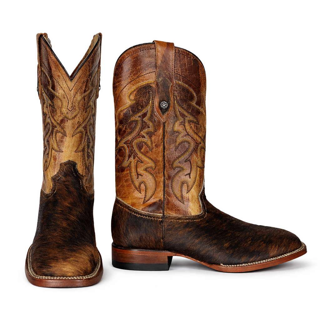 Dark Ranch Brown Cowhide Boots-Square Toe